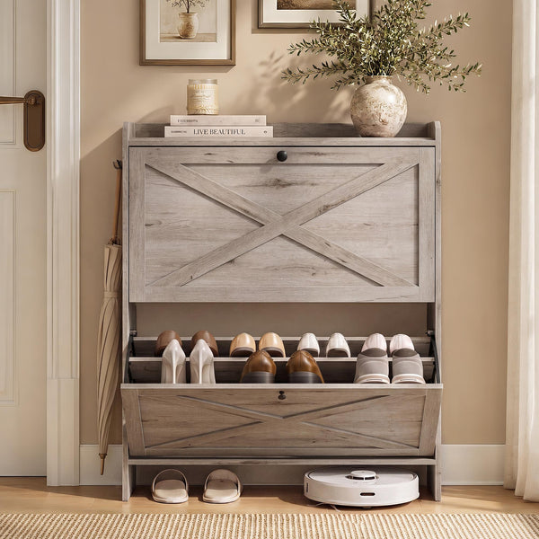 VASAGLE VASAGLE Shoe Storage Cabinet Organizer with 2 Flip Drawers, Freestanding Narrow Shoe Rack Cabinet for Entryway, Farmhouse Style UHSC203GD01S