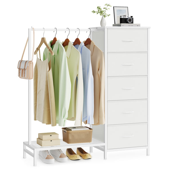 SONGMICS 3-in-1 Dresser with Garment Rack 5 Fabric Drawers & Bottom Shelf ULGS423W101S