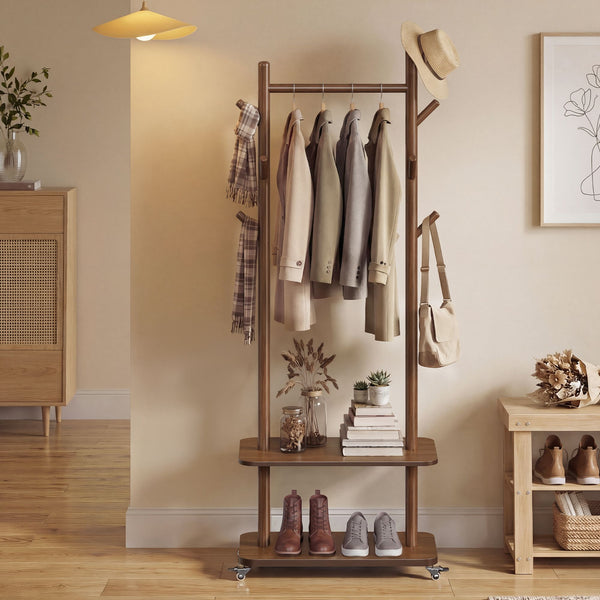 VASAGLE Freestanding wooden entryway organizer with hooks shelves and wheels URCR053KJ01