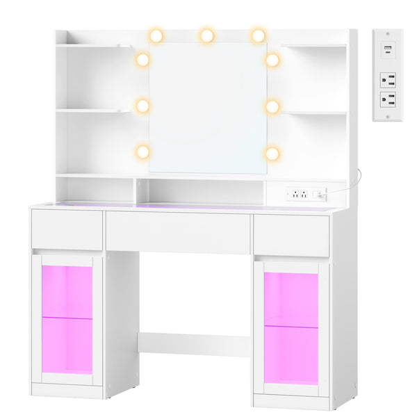 VASAGLE Vanity Desk with LED Lights and Power Outlet URDT145WB03S