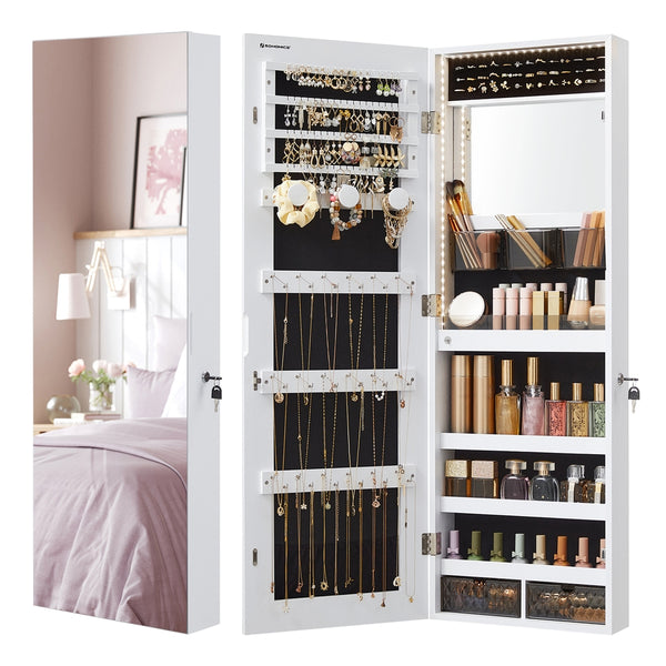 SONGMICS Hanging Jewelry Cabinet Armoire with Built-in Mirror and LED Lights UJJC013W01