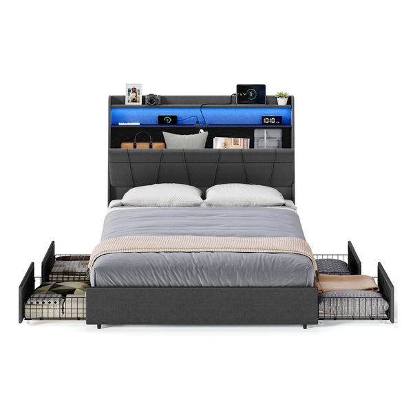VASAGLE Bed Frame Queen Size with LED Lights, Charging Station URMB891G02